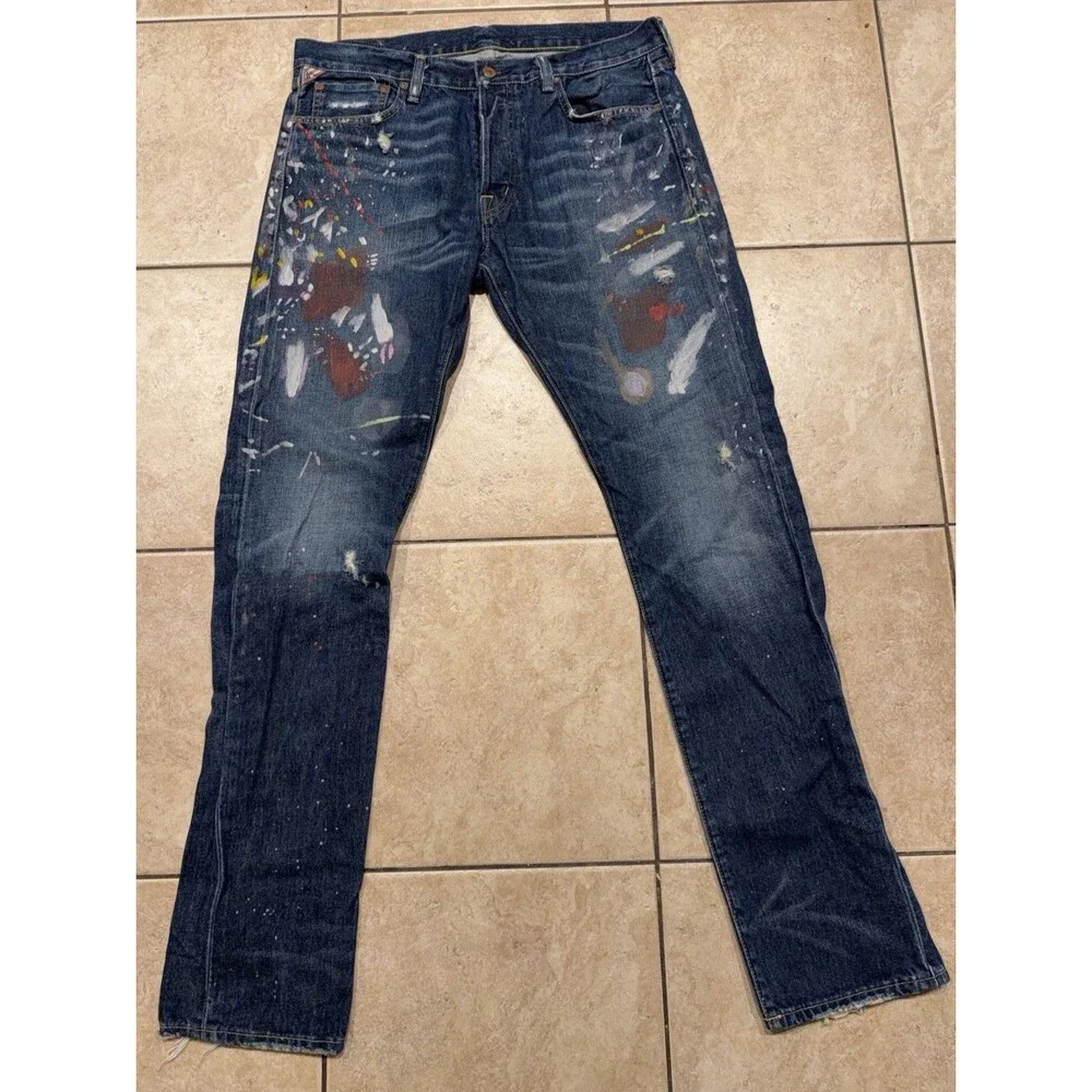 Denim & Supply Ralph Lauren Jeans Mens 34x34 Slim Blue Distressed Paint Splatter